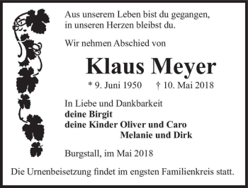 Traueranzeige von Klaus Meyer  von Magdeburger Volksstimme