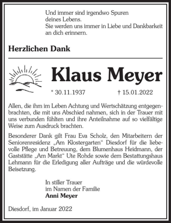 Traueranzeige von Klaus Meyer  von Magdeburger Volksstimme