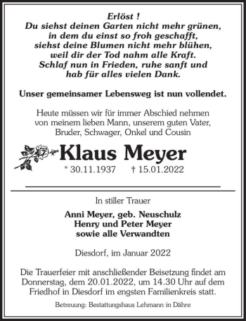 Traueranzeige von Klaus Meyer  von Magdeburger Volksstimme