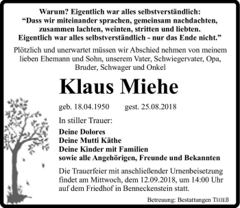 Traueranzeige von Klaus Miehe  von Magdeburger Volksstimme