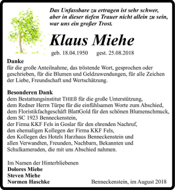 Traueranzeige von Klaus Miehe  von Magdeburger Volksstimme
