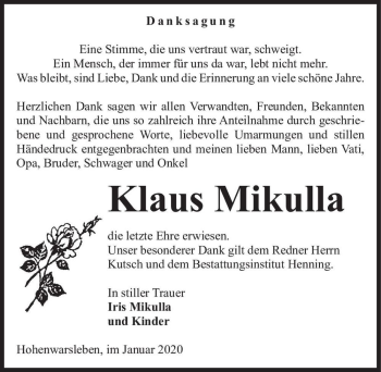Traueranzeige von Klaus Mikulla  von Magdeburger Volksstimme