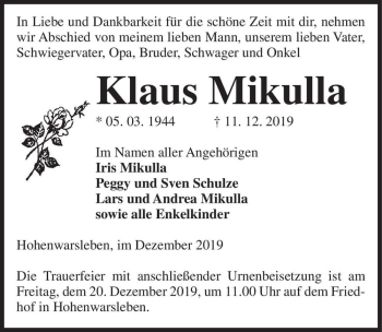 Traueranzeige von Klaus Mikulla  von Magdeburger Volksstimme