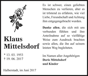 Traueranzeige von Klaus Mittelsdorf  von Magdeburger Volksstimme