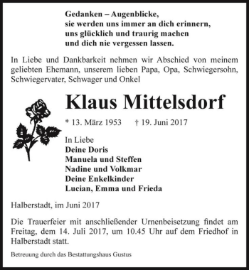 Traueranzeige von Klaus Mittelsdorf  von Magdeburger Volksstimme