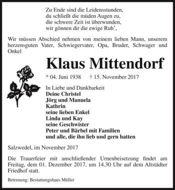 Traueranzeige von Klaus Mittendorf  von Magdeburger Volksstimme