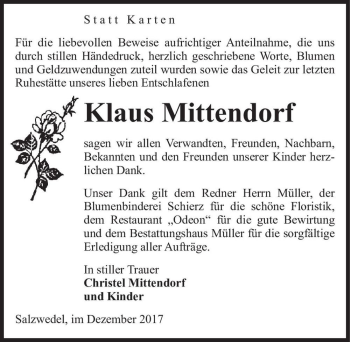 Traueranzeige von Klaus Mittendorf  von Magdeburger Volksstimme