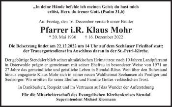 Traueranzeige von Klaus Mohr  von Magdeburger Volksstimme