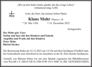 Traueranzeige von Klaus Mohr  von Magdeburger Volksstimme