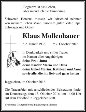 Traueranzeige von Klaus Mollenhauer  von Magdeburger Volksstimme