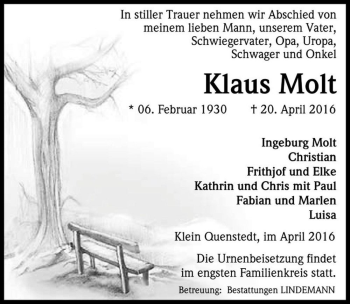 Traueranzeige von Klaus Molt  von Magdeburger Volksstimme