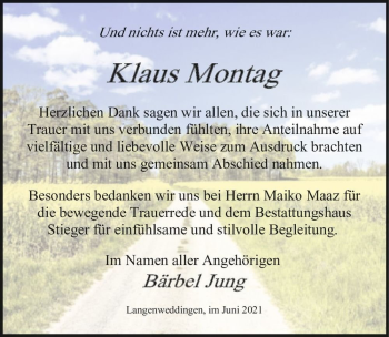 Traueranzeige von Klaus Montag  von Magdeburger Volksstimme
