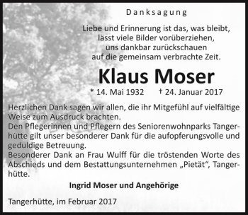 Traueranzeige von Klaus Moser  von Magdeburger Volksstimme