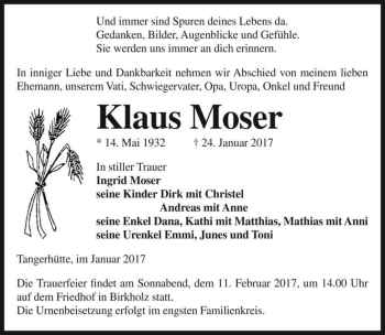 Traueranzeige von Klaus Moser  von Magdeburger Volksstimme