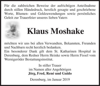 Traueranzeige von Klaus Moshake  von Magdeburger Volksstimme