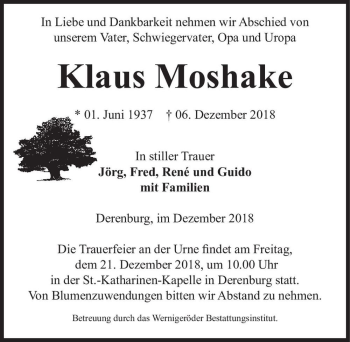 Traueranzeige von Klaus Moshake  von Magdeburger Volksstimme