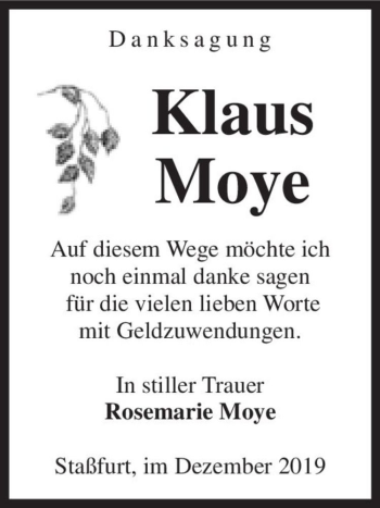 Traueranzeige von Klaus Moye  von Magdeburger Volksstimme