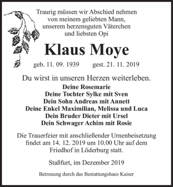 Traueranzeige von Klaus Moye  von Magdeburger Volksstimme