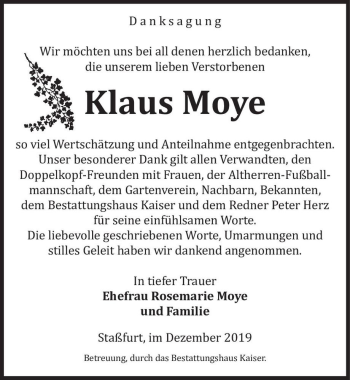 Traueranzeige von Klaus Moye  von Magdeburger Volksstimme