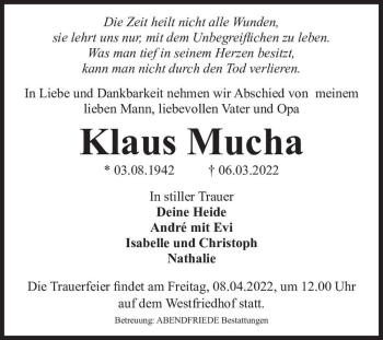 Traueranzeige von Klaus Mucha  von Magdeburger Volksstimme