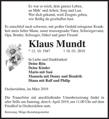 Traueranzeige von Klaus Mundt  von Magdeburger Volksstimme