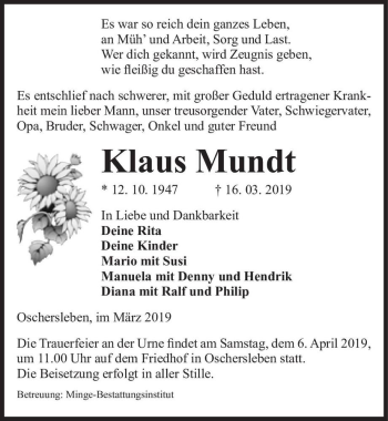 Traueranzeige von Klaus Mundt  von Magdeburger Volksstimme