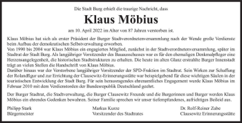 Traueranzeige von Klaus Möbius  von Magdeburger Volksstimme