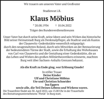 Traueranzeige von Klaus Möbius  von Magdeburger Volksstimme