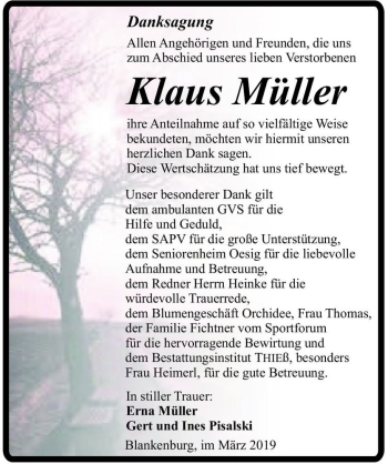 Traueranzeige von Klaus Müller  von Magdeburger Volksstimme