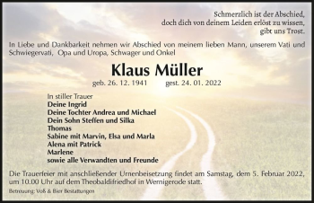 Traueranzeige von Klaus Müller  von Magdeburger Volksstimme
