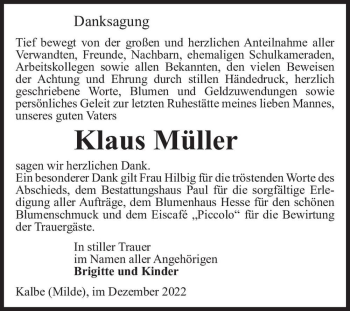 Traueranzeige von Klaus Müller  von Magdeburger Volksstimme