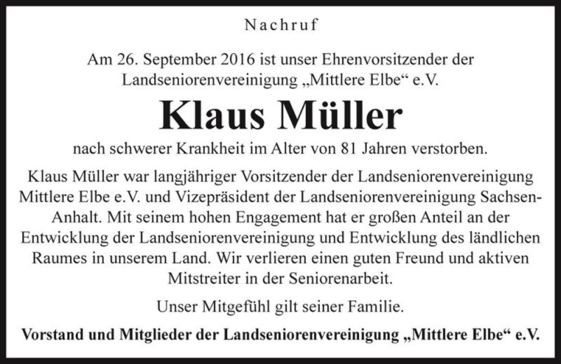  Traueranzeige für Klaus Müller  vom 10.10.2016 aus Magdeburger Volksstimme
