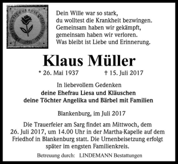 Traueranzeige von Klaus Müller  von Magdeburger Volksstimme