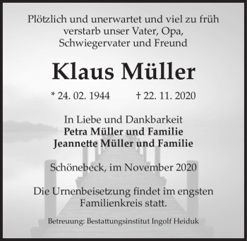 Traueranzeige von Klaus Müller  von Magdeburger Volksstimme
