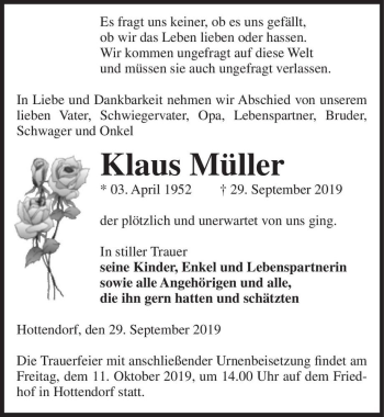 Traueranzeige von Klaus Müller  von Magdeburger Volksstimme