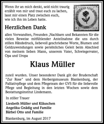 Traueranzeige von Klaus Müller  von Magdeburger Volksstimme
