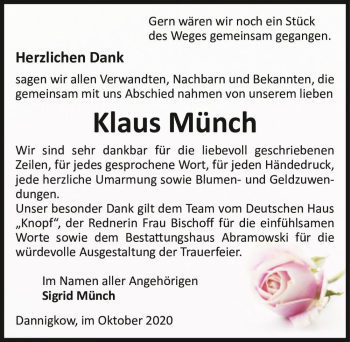 Traueranzeige von Klaus Münch  von Magdeburger Volksstimme