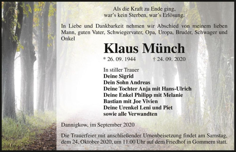  Traueranzeige für Klaus Münch  vom 10.10.2020 aus Magdeburger Volksstimme