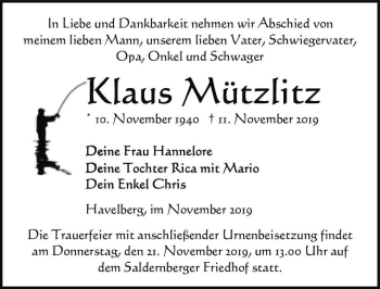 Traueranzeige von Klaus Mützlitz  von Magdeburger Volksstimme