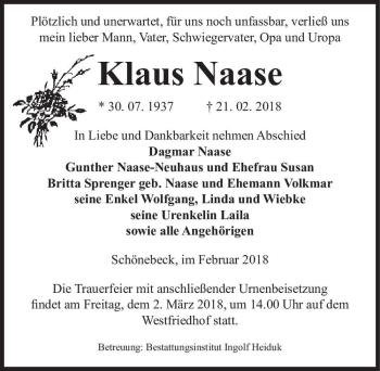 Traueranzeige von Klaus Naase  von Magdeburger Volksstimme
