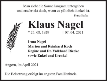 Traueranzeige von Klaus Nagel  von Magdeburger Volksstimme