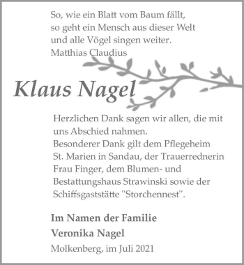 Traueranzeige von Klaus Nagel  von Magdeburger Volksstimme