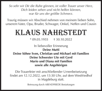 Traueranzeige von Klaus Nahrstedt  von Magdeburger Volksstimme