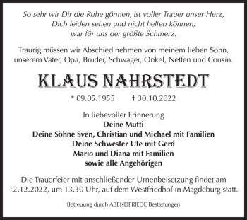 Traueranzeige von Klaus Nahrstedt  von Magdeburger Volksstimme