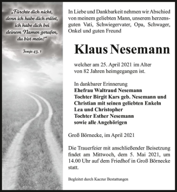 Traueranzeige von Klaus Nesemann  von Magdeburger Volksstimme