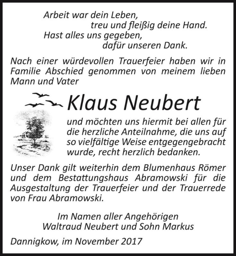  Traueranzeige für Klaus Neubert  vom 18.11.2017 aus Magdeburger Volksstimme