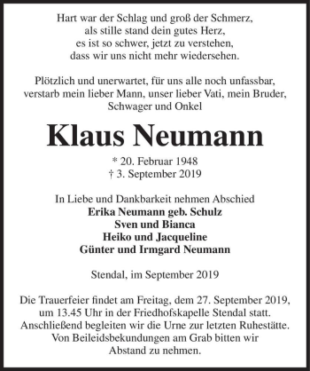 Traueranzeige von Klaus Neumann  von Magdeburger Volksstimme