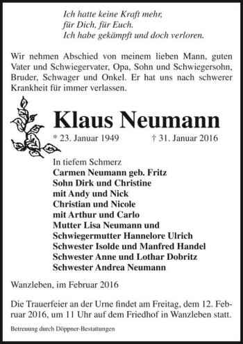 Traueranzeige von Klaus Neumann  von Magdeburger Volksstimme