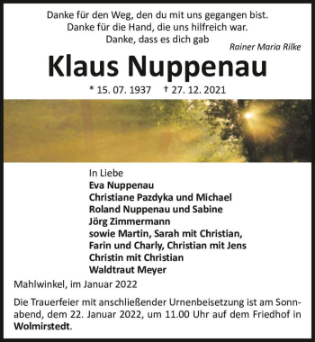 Traueranzeige von Klaus Nuppenau  von Magdeburger Volksstimme