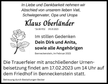Traueranzeige von Klaus Oberländer  von Magdeburger Volksstimme